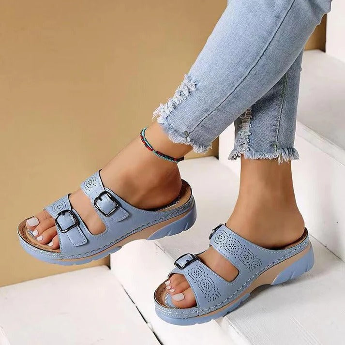 Women's beige orthopedic sandals with adjustable double buckle straps and ergonomic arch support footbed