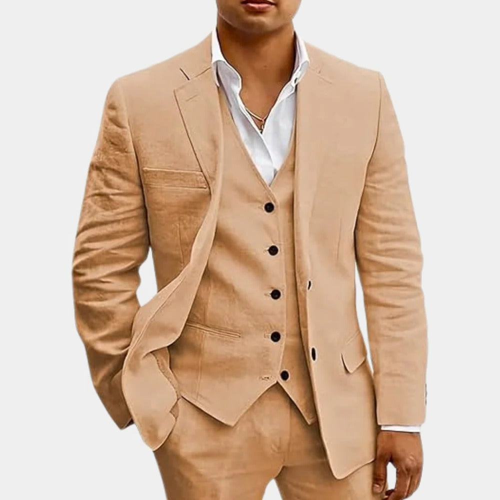 Men's light beige three-piece summer suit slim-fit jacket waistcoat trousers breathable wedding beach style