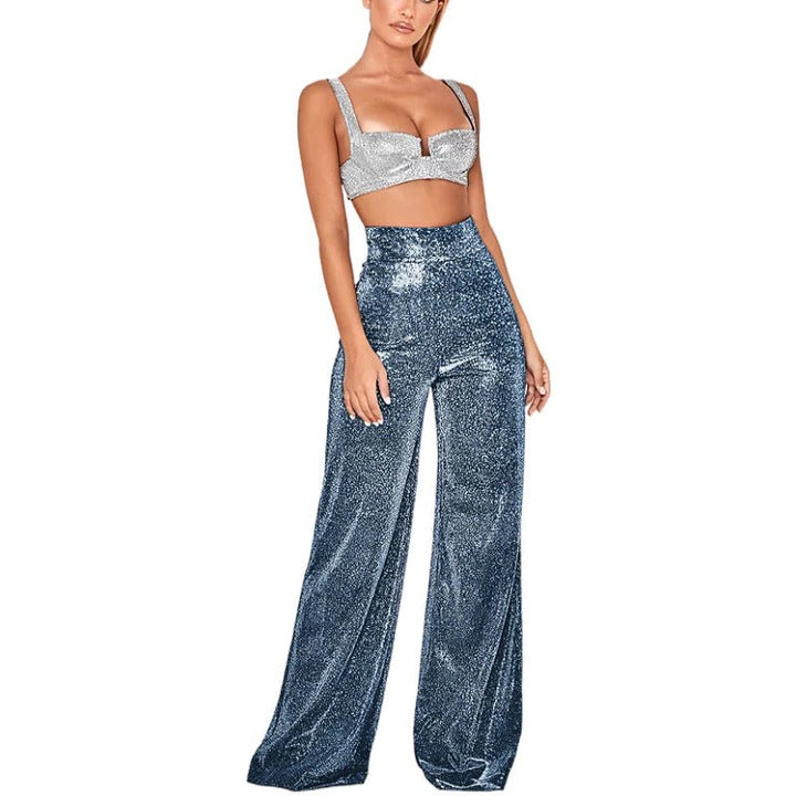 Women's silver glitter high waist straight leg shimmer pants for party and night out wear