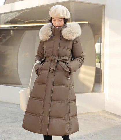 Women's black hooded winter coat, warm sustainable outerwear with elegant tailored fit