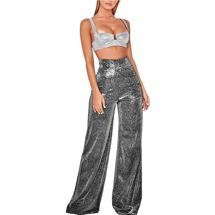 Women's silver glitter high waist straight leg pants with shimmer finish for night out