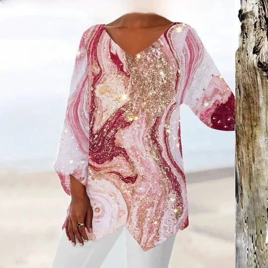 Women's vintage beige V-neck top shaped regular fit lightweight everyday casual feminine silhouette