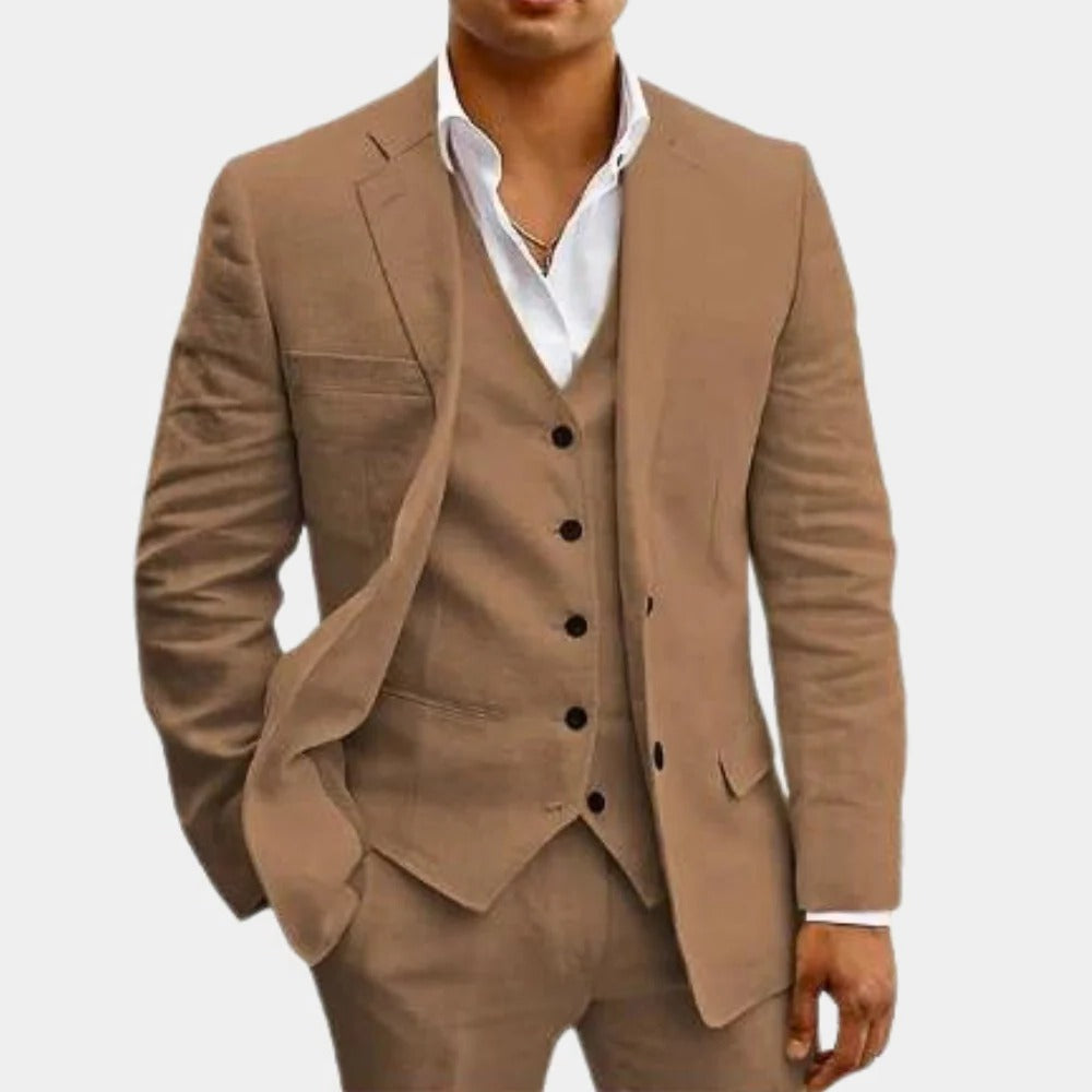Men's light beige three-piece summer suit slim-fit jacket waistcoat trousers breathable beach wedding style