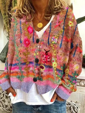 Women's multicolor retro patterned cardigan relaxed fit button-front closure versatile layering piece