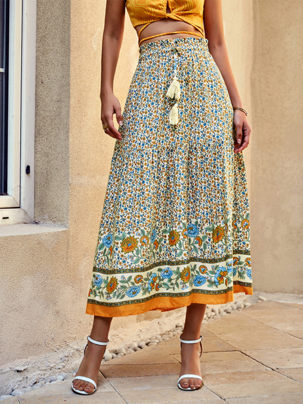 Women's bohemian floral maxi skirt with adjustable drawstring waist, flowing silhouette summer style