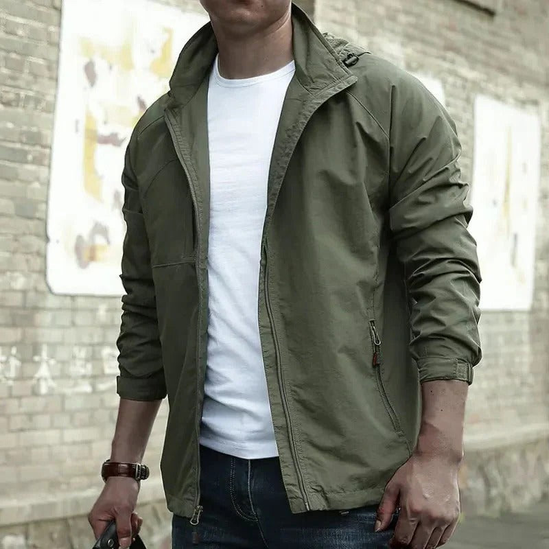 Men's olive green lightweight transitional jacket, breathable low-bulk silhouette for all-season layering