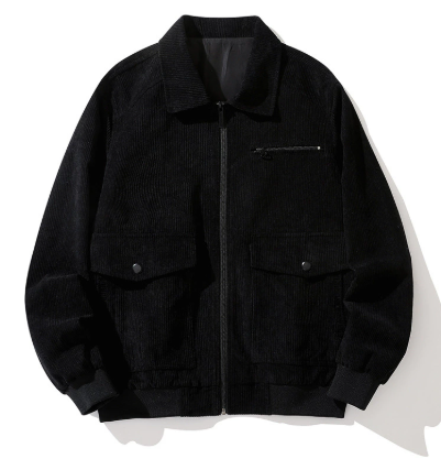Men's brown corduroy full-zip jacket retro style with front pockets and two-way zipper