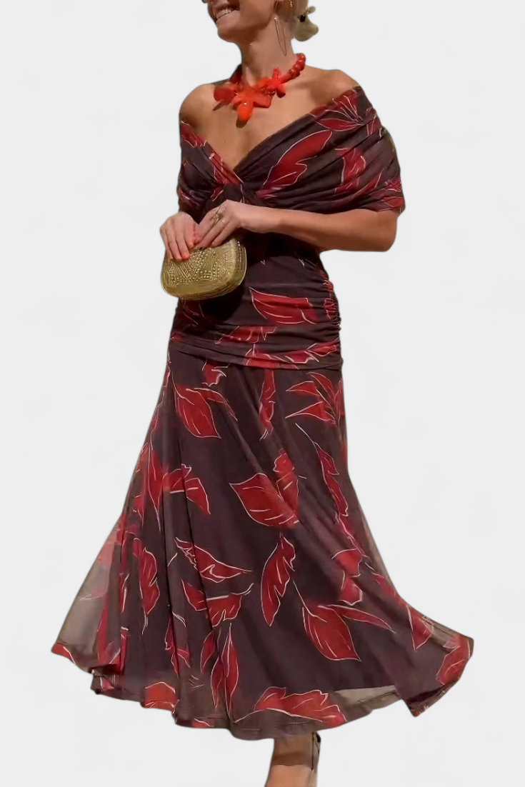 Women's off-shoulder draped midi dress with fitted bodice and flowing skirt for elegant evenings