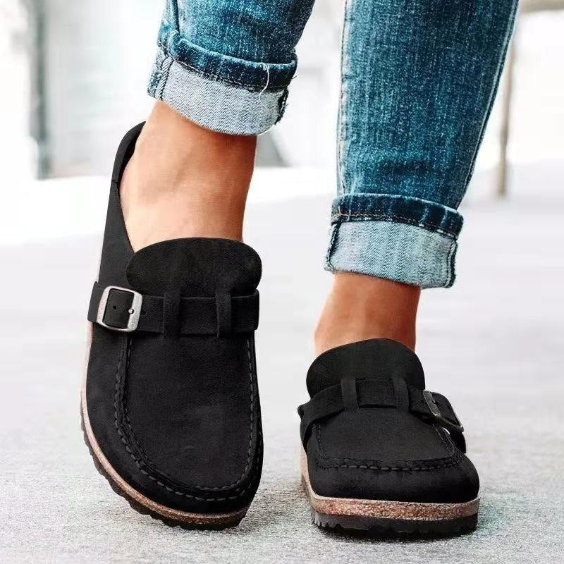 Women's retro slip-on comfort sandals in neutral tones with cushioned supportive sole for all-day wear