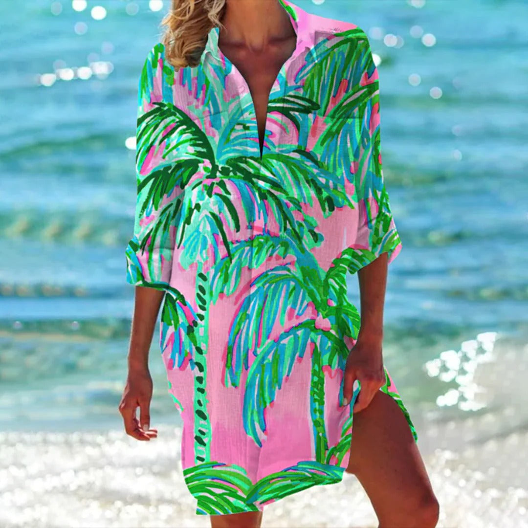 Women's summer shirt bright floral colors relaxed flattering fit breathable top for beach and everyday wear