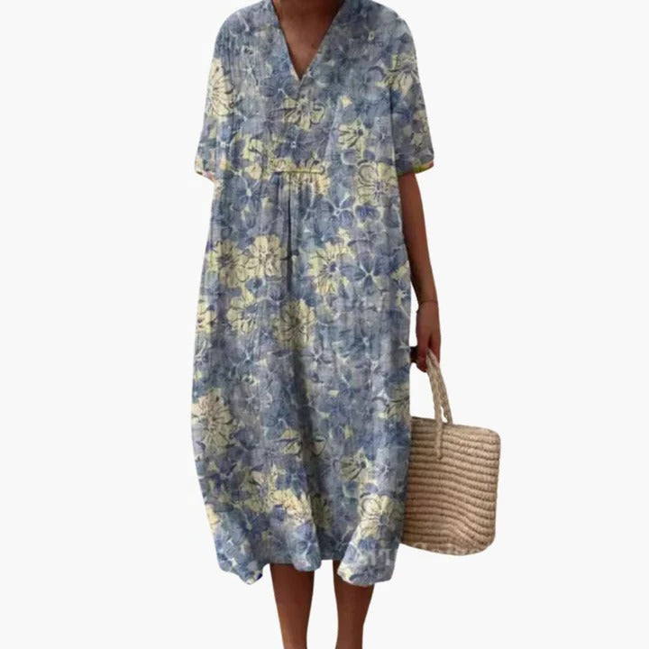 Floral print women's summer midi dress, relaxed breathable fit, soft draping silhouette for everyday chic