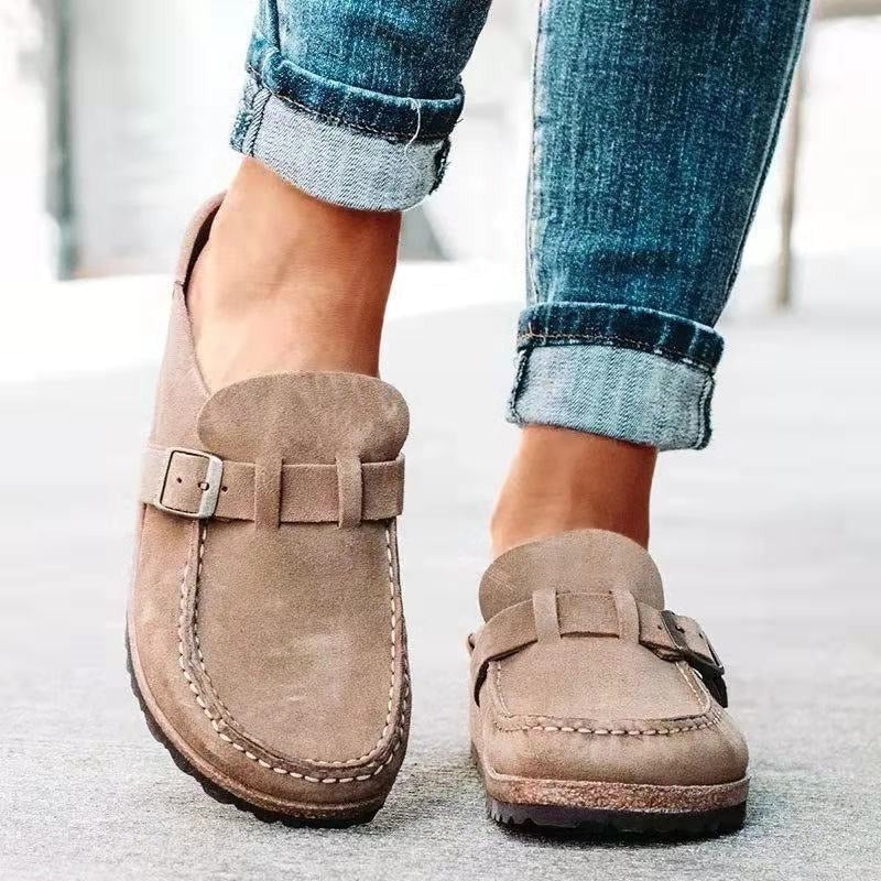 Women's retro slip-on comfort sandals in neutral tones with cushioned supportive sole for all-day wear