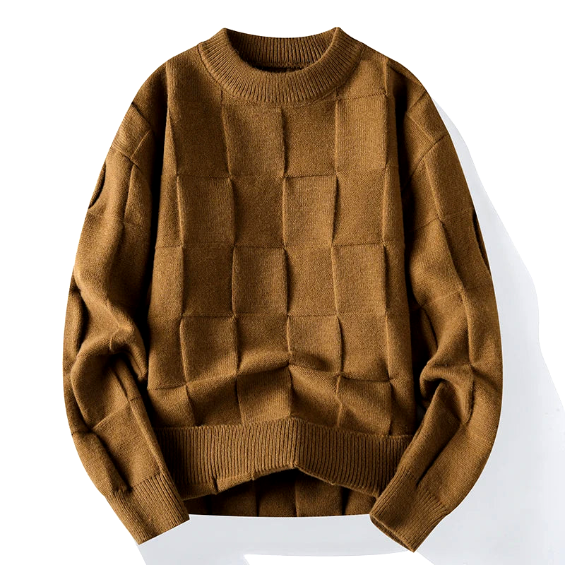 Women's check textured knit sweater in neutral tones, geometric pattern pullover layering essential