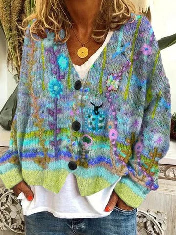 Women's multicolor retro patterned cardigan relaxed fit button-front layering piece
