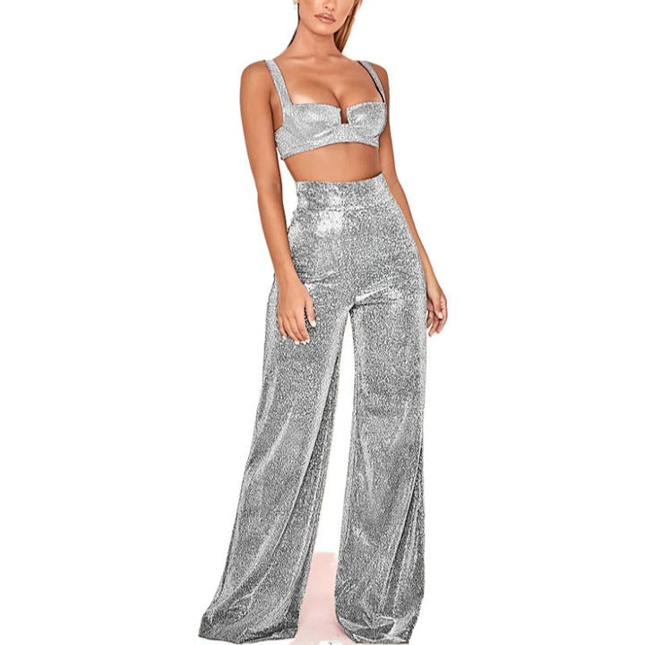 Women's silver glitter high waist straight leg shimmer pants for party night out