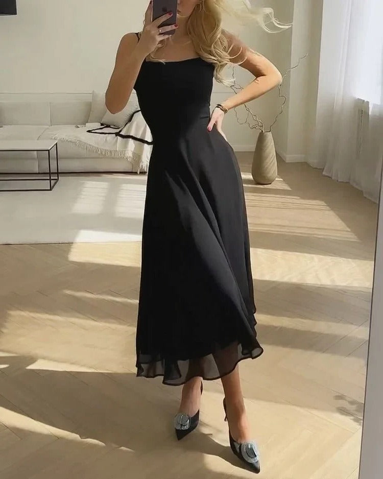 Women's sleeveless square neck midi dress, elegant day-to-night social wear with structured collarbone neckline