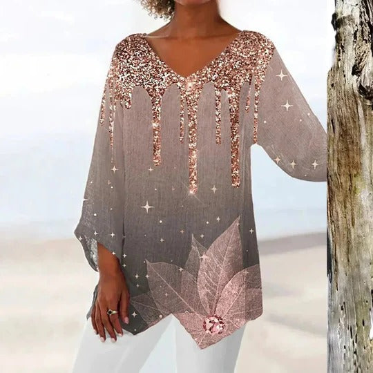 Women's vintage neutral V-neck top shaped regular fit flattering feminine silhouette everyday casual wear