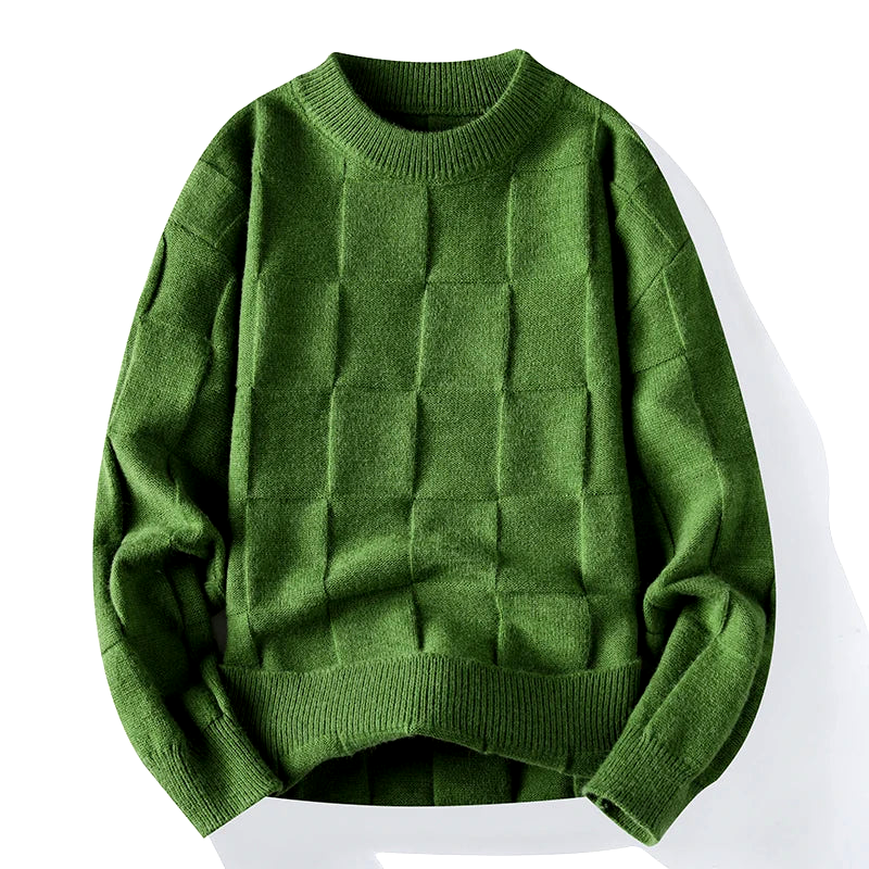 Women's check textured knit sweater in neutral tones, relaxed pullover with geometric grid pattern