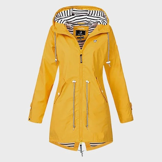 Women's long waterproof hooded rain jacket with all-weather protection for everyday outdoor wear