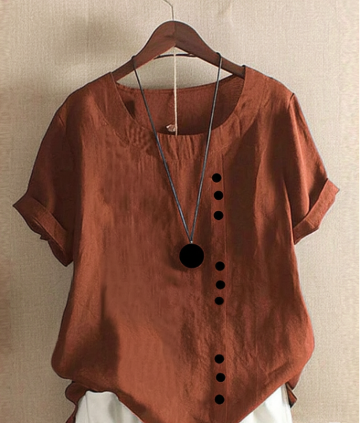 Women's solid short sleeve buttoned blouse round collar casual chic top bright colors clean silhouette