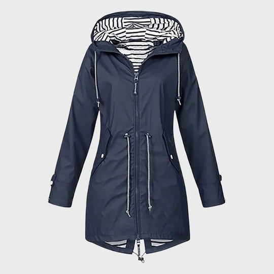 Women's long waterproof hooded rain jacket with all-weather protection and adjustable hood