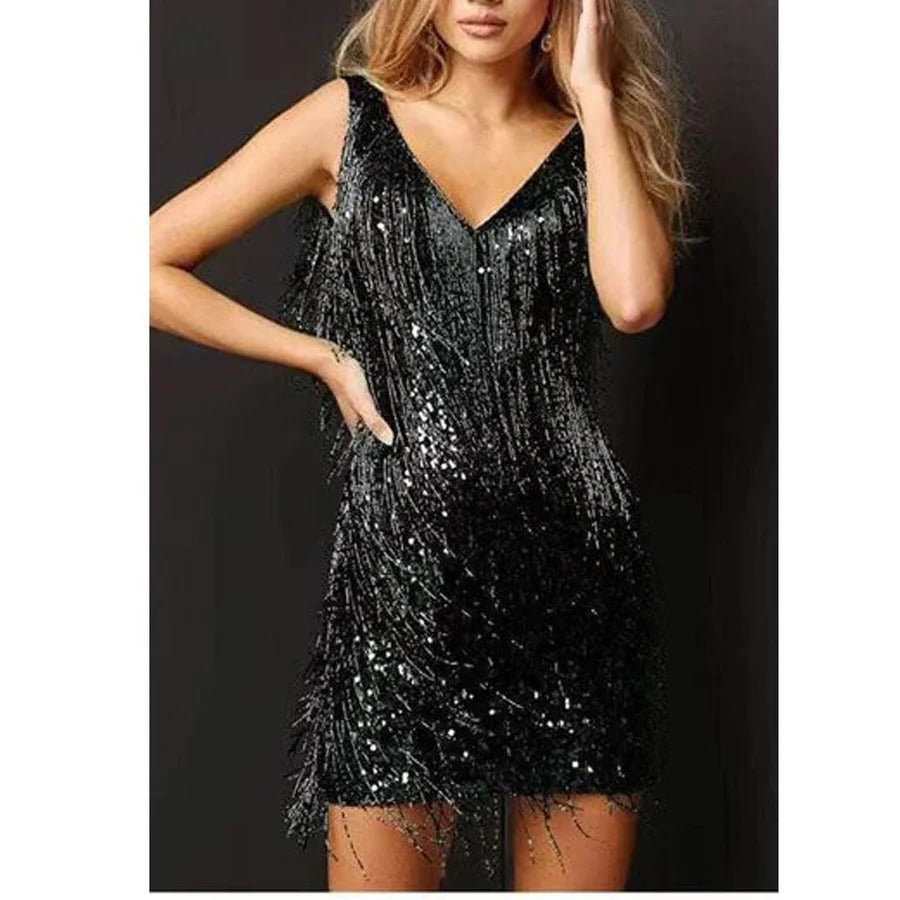 Black sleeveless cocktail dress with layered kinetic fringe, modern straight neckline silhouette