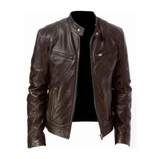 Men's black structured leather jacket with zip front closure for transitional all-season wear