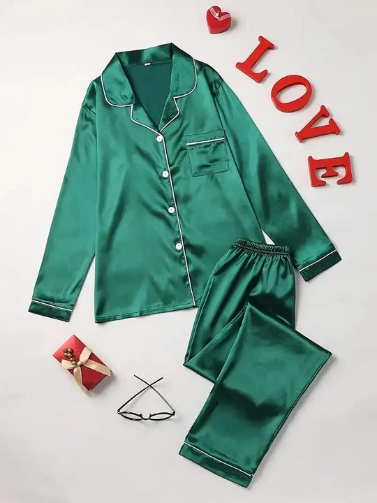 Women's lightweight neutral two-piece pajama set long-sleeve top and full-length bottoms sleepwear