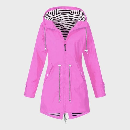 Women's long waterproof hooded rain jacket with all-weather protection and adjustable hood