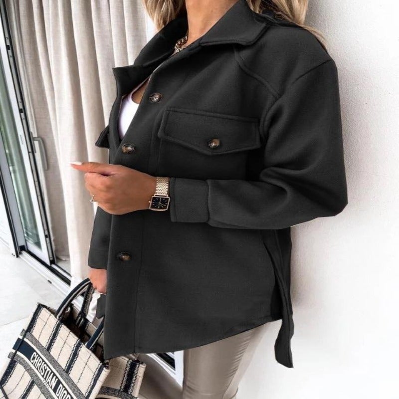 Neutral cotton-blend shirt jacket with elegant button front, chest pockets, and tailored smart-casual silhouette