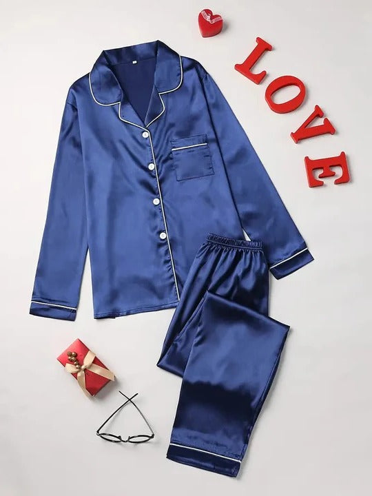 Women's lightweight neutral two-piece pajama set with long-sleeve top and full-length bottoms