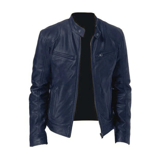 Men's black structured leather jacket with zip front closure for transitional all-season wear