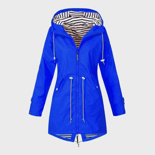 Women's long waterproof hooded rain jacket with all-weather protection and adjustable hood