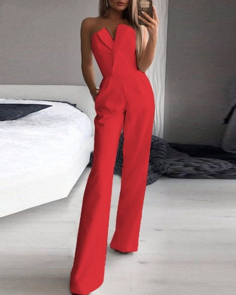 Bold red sleeveless jumpsuit tailored fit formal elegant one-piece with flattering silhouette
