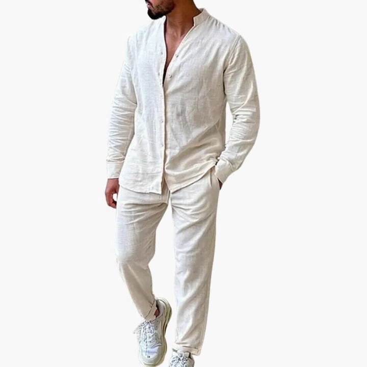 Men's lightweight two-piece summer set stand-up collar shirt matching trousers breathable casual coord