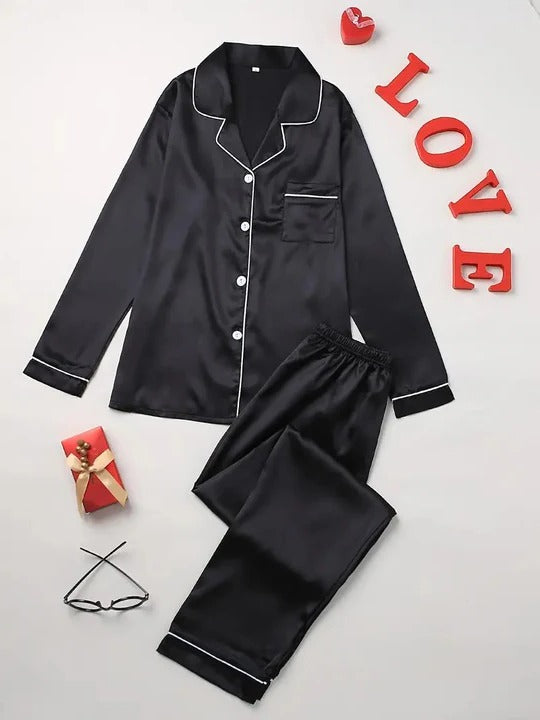 Women's lightweight two-piece pajama set neutral tones long-sleeve top and full-length bottoms
