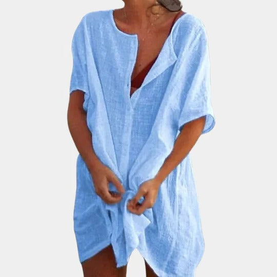 Women's lightweight knee-length summer dress relaxed fit with front button detail for versatile styling