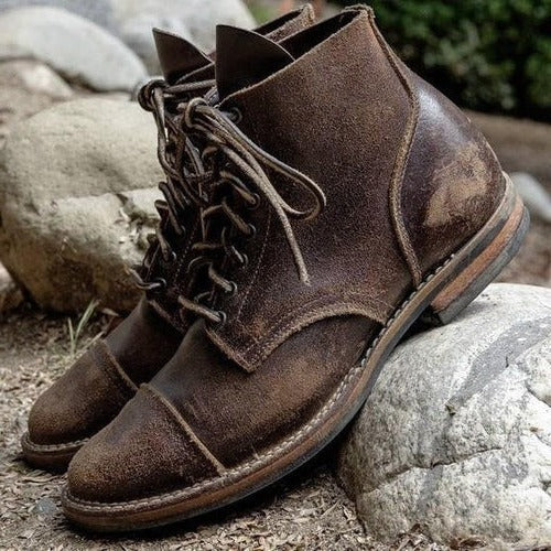 Men's vintage leather ankle boots with adjustable hook-and-loop straps for everyday urban comfort