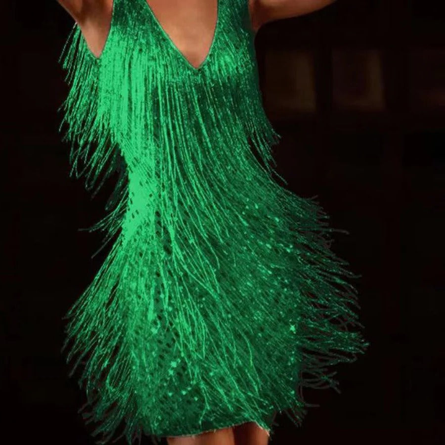 Black sleeveless cocktail dress with layered kinetic fringe, modern straight neckline silhouette
