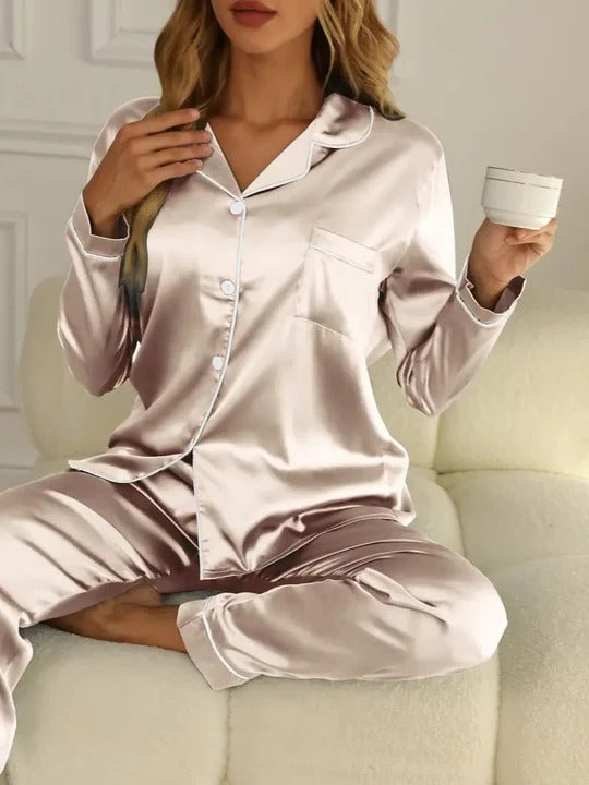 Women's lightweight neutral two-piece pajama set with long-sleeve top and full-length bottoms