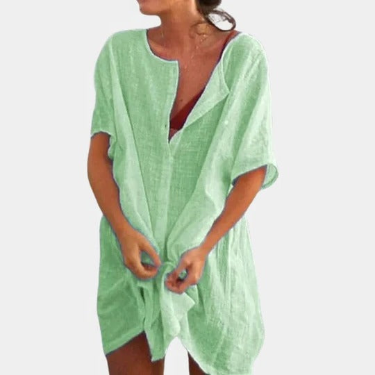 Women's lightweight knee-length summer dress relaxed fit with front button detail for versatile styling