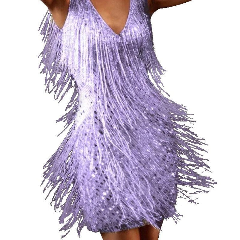 Black sleeveless cocktail dress with layered kinetic fringe, modern straight neckline silhouette