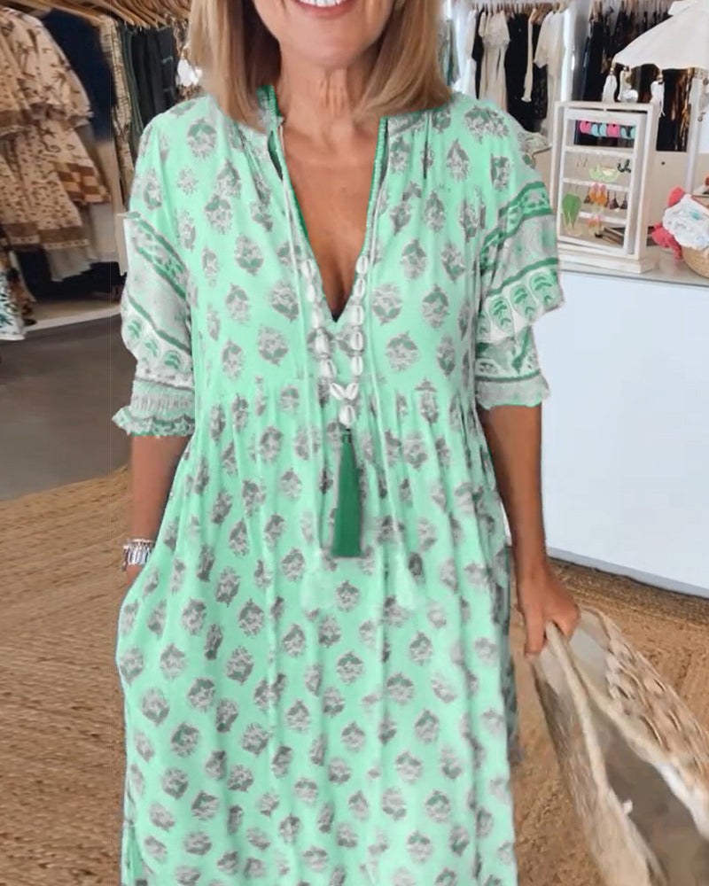 Madison women's relaxed fit boho maxi dress with bohemian print, tassels, and breezy vacation-ready silhouette