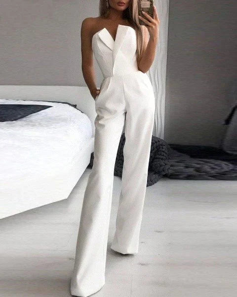 Women's strapless sweetheart neckline jumpsuit tailored bodice wide leg elegant evening fit