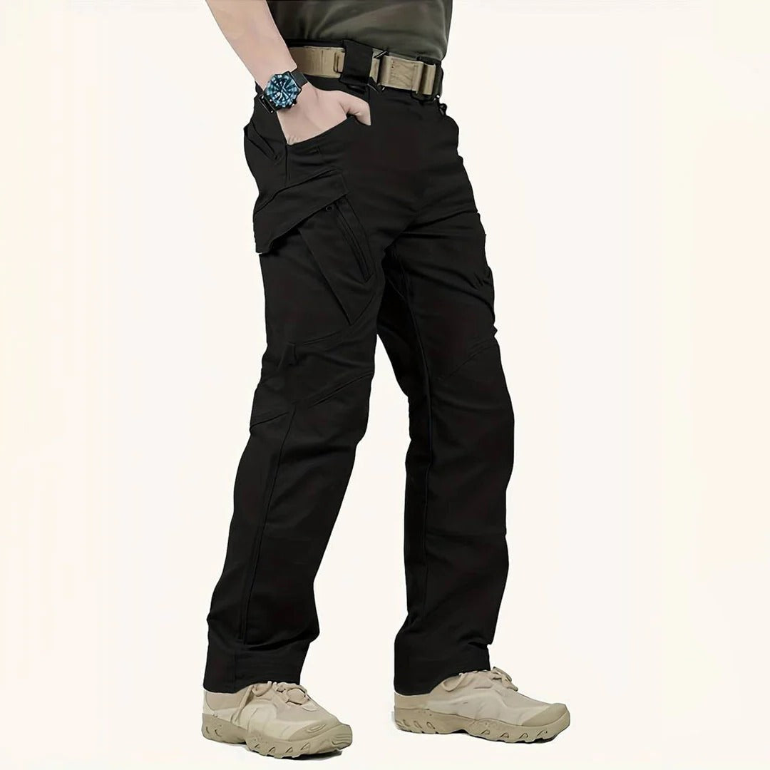 Men's olive tactical cargo pants slim-fit water-resistant with reinforced multi-pocket design for outdoor use
