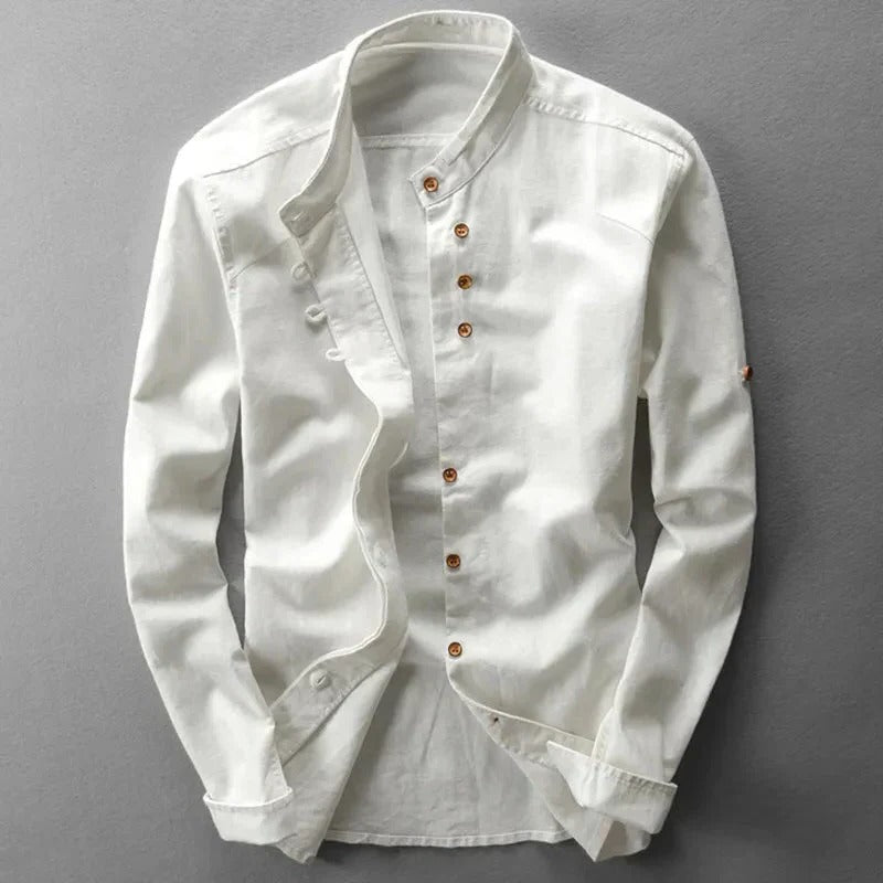 Men's white Japanese-style collarless shirt structured fit minimalist open neckline everyday wear