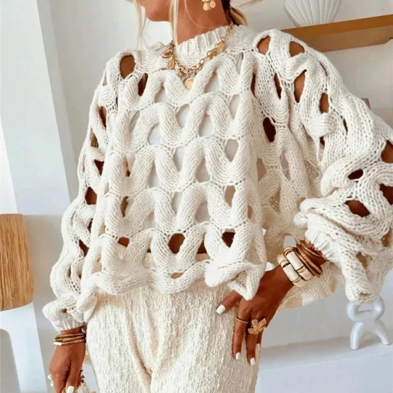 Women's cream open-weave knit sweater relaxed silhouette with sculptural airy texture for layering