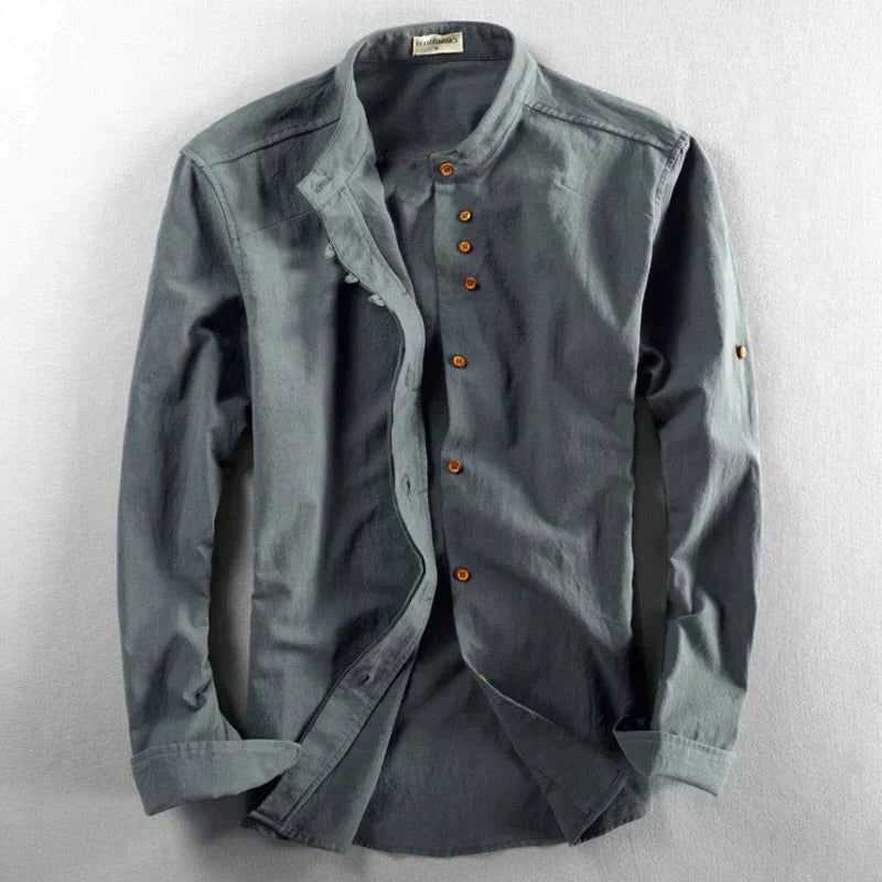 Men's white Japanese-style collarless shirt structured fit minimalist open neckline everyday wear