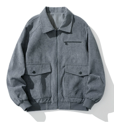 Men's brown corduroy full-zip jacket retro style with front pockets and two-way zipper