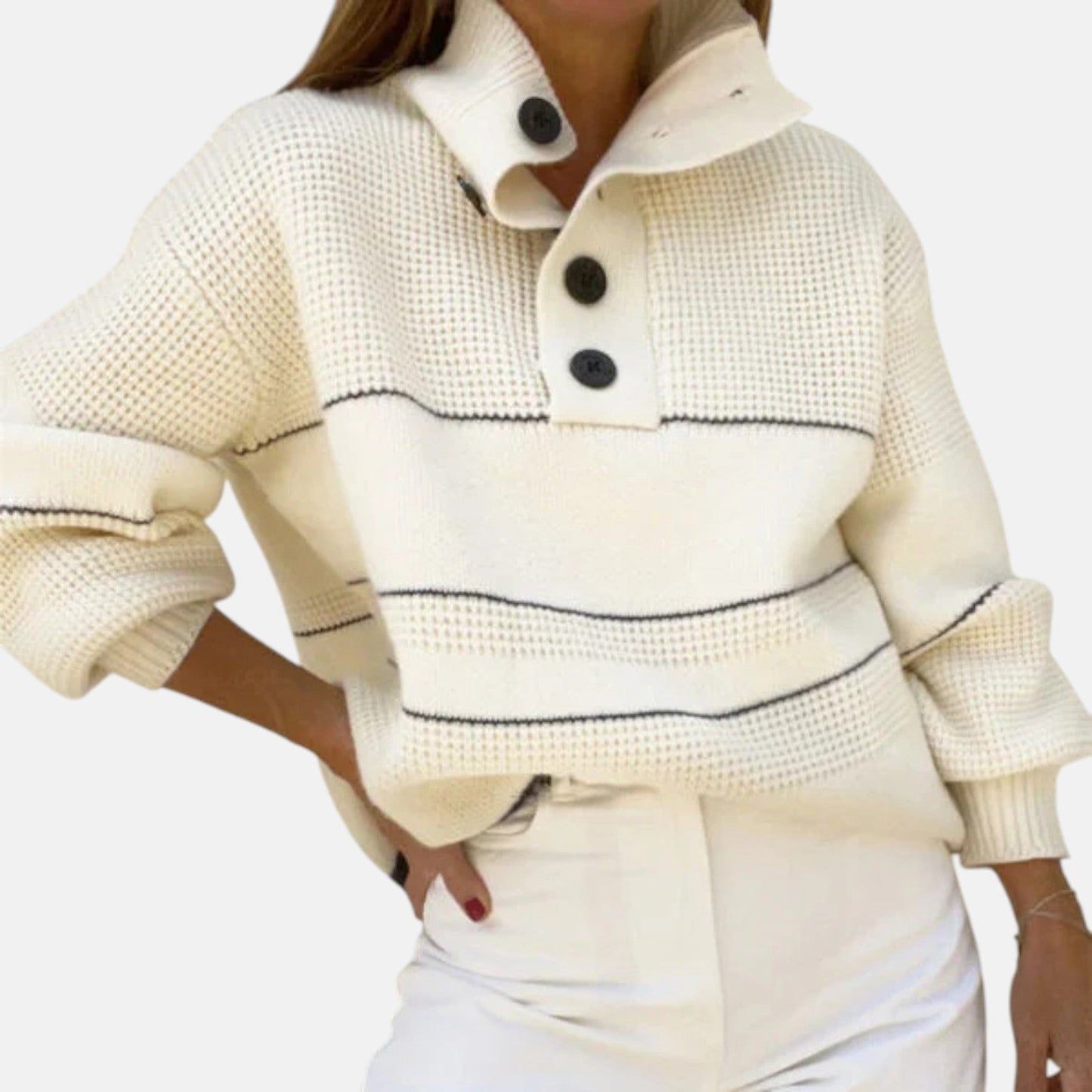 Women's loose knit sweater open collar button placket cozy soft breathable winter warmth